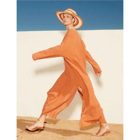 Zara Kaftan Swim Cover Up Dress Size M/L Brown Frayed Flowy Festival Hippie - Picture 1 of 9